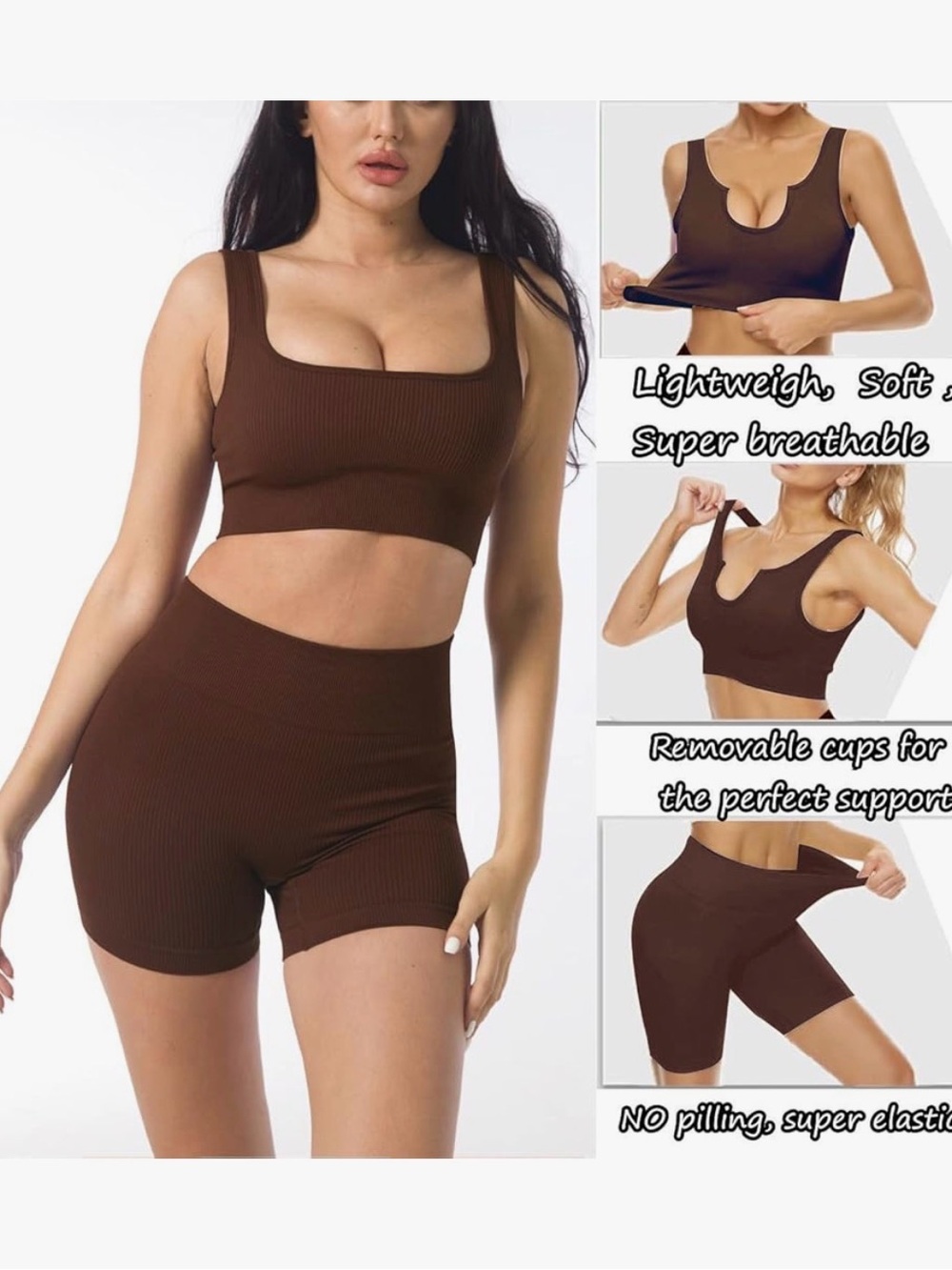 Ribbed Scoop-Neck Crop Bralette & High-Waist Shorts Set - Brown size small